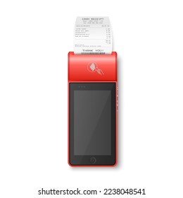 Vector 3d NFC Payment Machine with Approved Status, Paper Check, Receipt Isolated. Wi-fi, Wireless Payment. POS Terminal, Machine Design Template of Bank Payment Contactless Terminal, Mockup. Top VIew