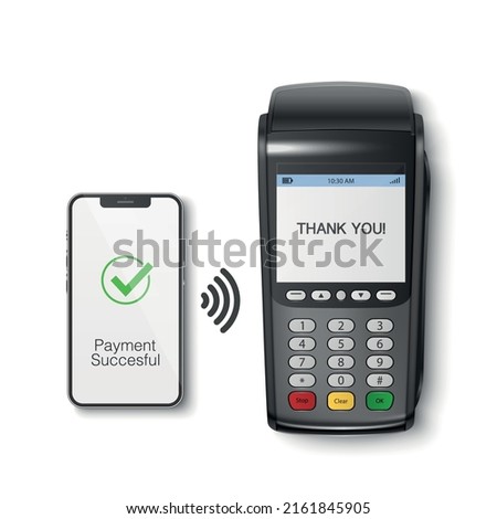 Vector 3d NFC Payment Machine and Smartphone. Payment Succesful. Approved Transaction. POS Terminal, Machine, Phone Isolated. Design Template of Bank Payment Wireless Contactless Terminal, Mockup