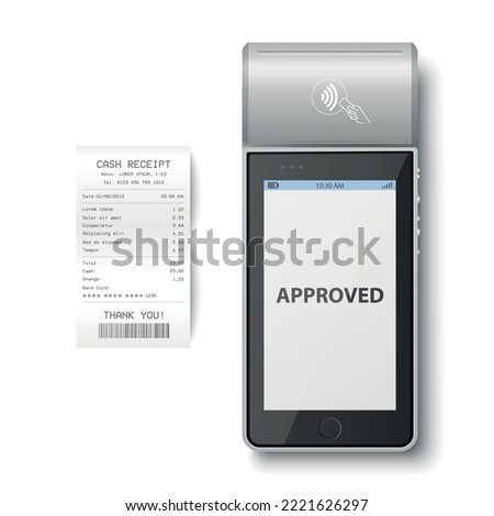 Vector 3d NFC Payment Machine with Approved Status, Paper Check, Receipt Isolated. Wi-fi, Wireless Payment. POS Terminal, Machine Design Template of Bank Payment Contactless Terminal, Mockup. Top VIew