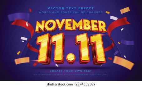 Vector 3D, efecto de texto 11.11 de noviembre. Estilo gráfico de promoción de ventas sobre fondo de confeti abstracto