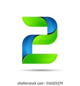 vector 3d Number 2 two logo with speed green leaves. Ecology design for banner, presentation, web page, card, labels or posters.