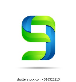 vector 3d Number nine 9 logo with speed green leaves. Ecology design for banner, presentation, web page, card, labels or posters.