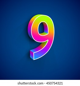 Vector 3d Number Nine. Colorful figure 9 on Blue Background