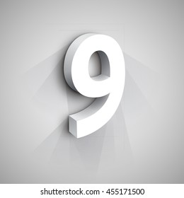 Vector 3d Number Nine. White figure 9 on Gray Background