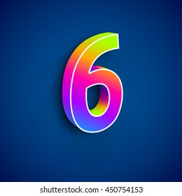 Vector 3d Number Six. Colorful figure 6 on Blue Background