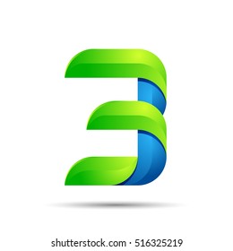vector 3d Number three 3 logo with speed green leaves. Ecology design for banner, presentation, web page, card, labels or posters.