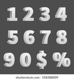 Vector 3D numbers and symbols. Three-dimensional numbers and finance signs, illustration of order numbers figure.