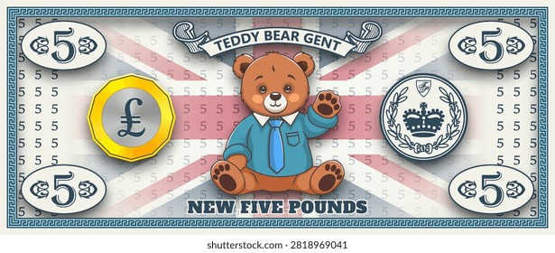 Vector 3d obverse of new five pound banknote with shadow, England. Cute cartoon teddy bear gent, seated and waving his paw, wearing shirt and tie. Game money. Certificate, coupon or flyer. 5 pounds