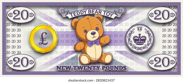 Vector 3d obverse of new twenty pound banknote with shadow, England. Cute cartoon sitting teddy bear toy. Game money. Certificate, coupon or flyer. 20 pounds