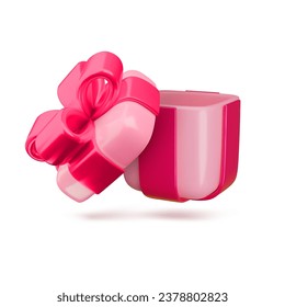 Vector 3d open empty gift box. Cute realistic holiday pastel pink present with red ribbon and bow. Minimal 3d render flying open surprise box illustration for Valentines day, birthday, sale, bonus.