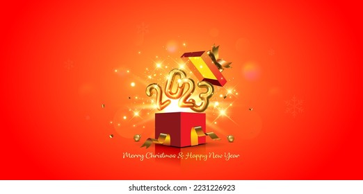 Vector 3d Open gift box 2023 Happy New Year. Launch reveal of New year 2023 with fireworks and 3D number.