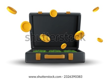 Vector 3d open leather black suitcase with cash paper green money and coins in realistic cartoon style. Bright modern design element. Creative colorful art illustration isolated on white background.