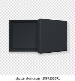 Vector 3d Opened Paper Cardboard Black Cardboard Paper Box, Gift Box Isolated. Birthday, New Year, Christmas, Valentine Day, Sale, Surpirse Concept. Design Template of Packing. Top View