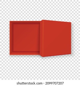 Vector 3d Opened Paper Cardboard Red Paper Box, Gift Box Isolated. Birthday, New Year, Christmas, Valentine Day, Sale, Surpirse Concept. Design Template of Packing. Top View