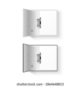 Vector 3d Opened Realistic White and Black Office Binder Set with Metal Rings and A4 Paper Sheet Closeup Isolated on White Background. Design Template, Mockup, Top View