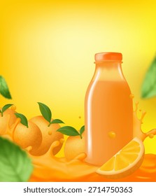 Vector Botella de zumo de naranja 3D de pie en un dinámico chapoteo de naranja Rodeado de naranjas maduras y hojas verdes Vibrante Ideal para el envasado de bebidas o publicidad de verano