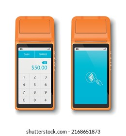 Vektor 3d Orange NFC Zahlungsmaschine Set einzeln. Wi-Fi, Wireless-Zahlung. Bildschirm mit Anzahl und Wifi-Signierung. POS-Terminal, Maschinendesign-Vorlage für das kontaktlose Bankenzentrum, Aufrüsten