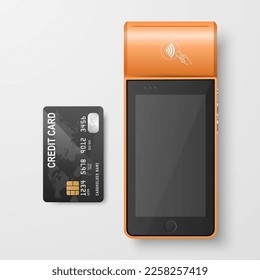 Vector 3d Orange NFC Payment Machine and Credit Card Isolated. Wi-fi, Wireless Payment. POS Terminal, Machine Design Template of Bank Payment Contactless Terminal, Mockup. Top VIew