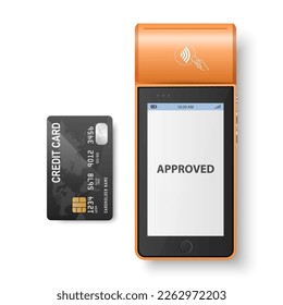 Vector 3d Orange NFC Payment Machine, Approved Status and Credit Card Isolated. Wi-fi, Wireless Payment. POS Terminal, Machine Design Template of Bank Payment Contactless Terminal, Mockup. Top VIew