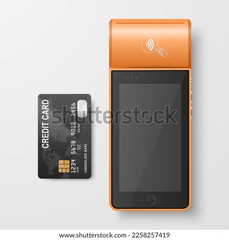 Vector 3d Orange NFC Payment Machine and Credit Card Isolated. Wi-fi, Wireless Payment. POS Terminal, Machine Design Template of Bank Payment Contactless Terminal, Mockup. Top VIew