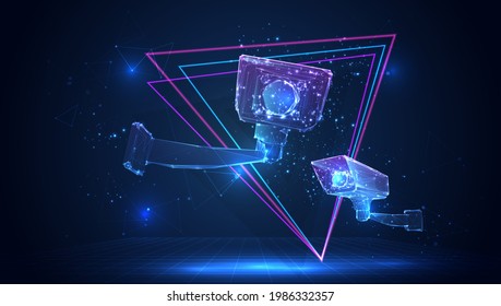 vector 3d outdoor surveillance camera, recognition of people on a blue background in virtual space