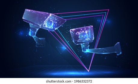 cámara de vigilancia al aire libre vector 3d, reconocimiento de personas con fondo azul en el espacio virtual