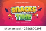 Vector 3D outlined comic text effect. Fun snacks time graphic style on halftone abstract background