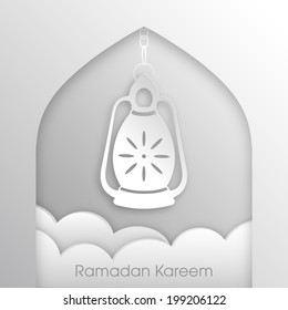 vector 3d paper arabic lamp and 3d clouds greeting design for the celebration of Ramadan Kareem and Eid Mubarak and other muslim festivals.