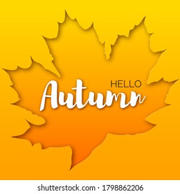 Pancarta de arte de papel vectorial 3d con corte de forma de hoja de arce y texto Hola Otoño sobre fondo amarillo.