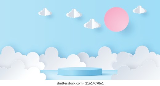 vector 3d paper cut blue cylinder podium with abstract scene of sun and clouds in paper art style.