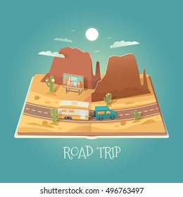 Vector 3D Paper Graphics. Open Book With Mountain Landscape. Arizona. Road In The Desert. Road Trip. Cardboard Graphic. SUV And Trailer. Travel Illustration. Flat Style.