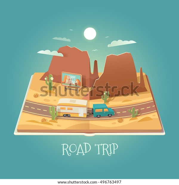 Vector 3D Paper\
Graphics. Open book with mountain landscape. Arizona. Road in the\
desert. Road trip. Cardboard Graphic. SUV and trailer. Travel\
illustration. Flat\
style.