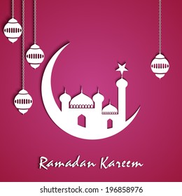 vector 3d paper Mosque or Masjid on moon with stars and lamps on abstract pink background, concept for Muslim community holy month Ramadan Kareem or Ramazan Kareem.
