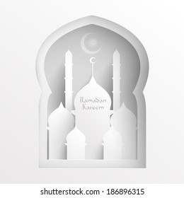 Vector 3D Paper Mosque. Translation: Ramadan Kareem - May Generosity Bless You During The Holy Month.