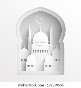 Vector 3D Paper Mosque. Translation: Ramadan Kareem - May Generosity Bless You During The Holy Month.