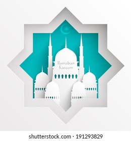 Vector 3D Paper Mosque. Translation: Ramadan Kareem - May Generosity Bless You During The Holy Month.