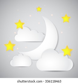 Vector 3d paper night sky with clouds, young moon and stars, realistic looking illustration