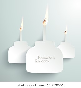 Vector 3D Paper Pelita (Muslim Oil Lamp) Burning. Translation: Ramadan Kareem - May Generosity Bless You During The Holy Month.