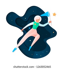 Vector 3D paper print with fantasy space scene. Сherished wish. Woman dream paper cut art illustration. Woman reaches her goal, dream come true isolated background. My dearest wish.