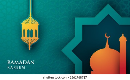 Vector 3D paper ramadan kareem. Realistic blue pattern background with orange mosque and lamp. Modern islamic vector illustration.