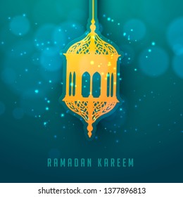 Vector 3D paper ramadan kareem. Realistic blue pattern background with yellow lantern. Modern islamic vector illustration.