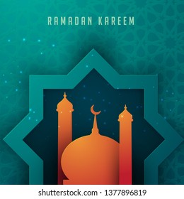 Vector 3D paper ramadan kareem. Realistic blue pattern background with orange mosque. Modern islamic vector illustration.