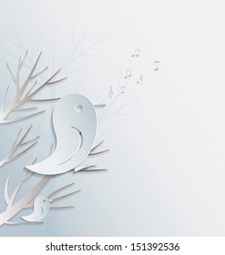 Vector 3D paper scenery background with tree and birds