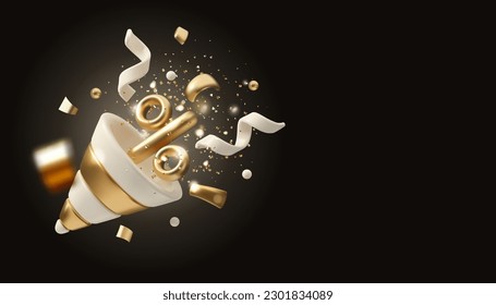 Vector 3d party popper banner. Marketing sale background with copy space, isolated on dark background. Gold and white discount design