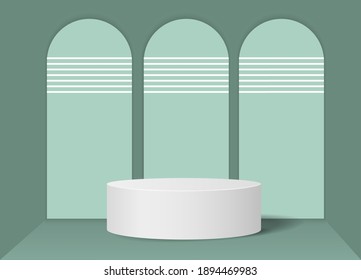 Vector 3d pastel green color background with geometric podium Leaf shadow on the floor. Platforms shapes for product presentation minimal Abstract composition design, showcase, copy space