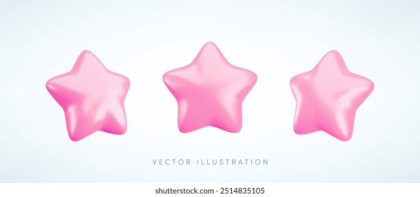 Conjunto de iconos de estrellas rosadas pastel de Vector 3D. Lindo realista de dibujos animados 3d render, brillante estrella metálica frontal y proyección lateral, para el concepto de calificación Cliente, decoración, Web, diseño de juegos, App, anuncio.