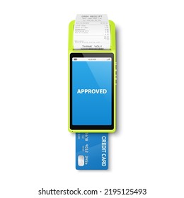 Vector 3d  Payment Machine with Approved Status, Credit Card, Receipt Isolated. Wi-fi, Wireless Payment. POS Terminal, Machine Design Template of Bank Payment Contactless Terminal, Mockup. Top
