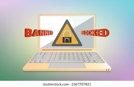 Vector 3D peach colored notebook, volumetric inscriptions banned, blocked. Triangular warning sign with combination padlock. High Internet technologies.