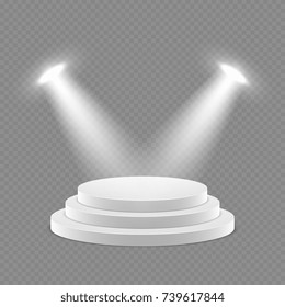 Vector 3d pedestal with spotlights isolated object. Pedestal and podium empty illuminated illustration