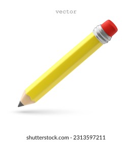 Vector 3D Pencil icon. Realistic wooden yellow pencil with rubber eraser. 3D vector illustration isolated on white background. 3D Illustration